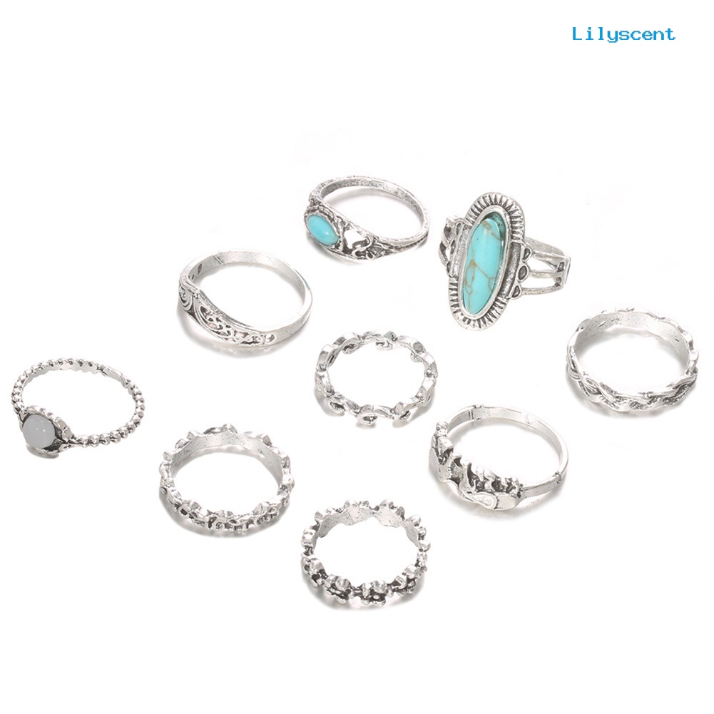 9 Pcs / Set Cincin Jari Turquoise Imitasi Gaya Retro Bohemian Untuk Wanita