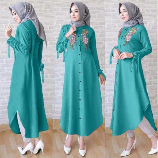 Tunik twis flow-atasan muslim wanita-long tunik motif bunga-fashion hijab looks terbaru-baju muslim