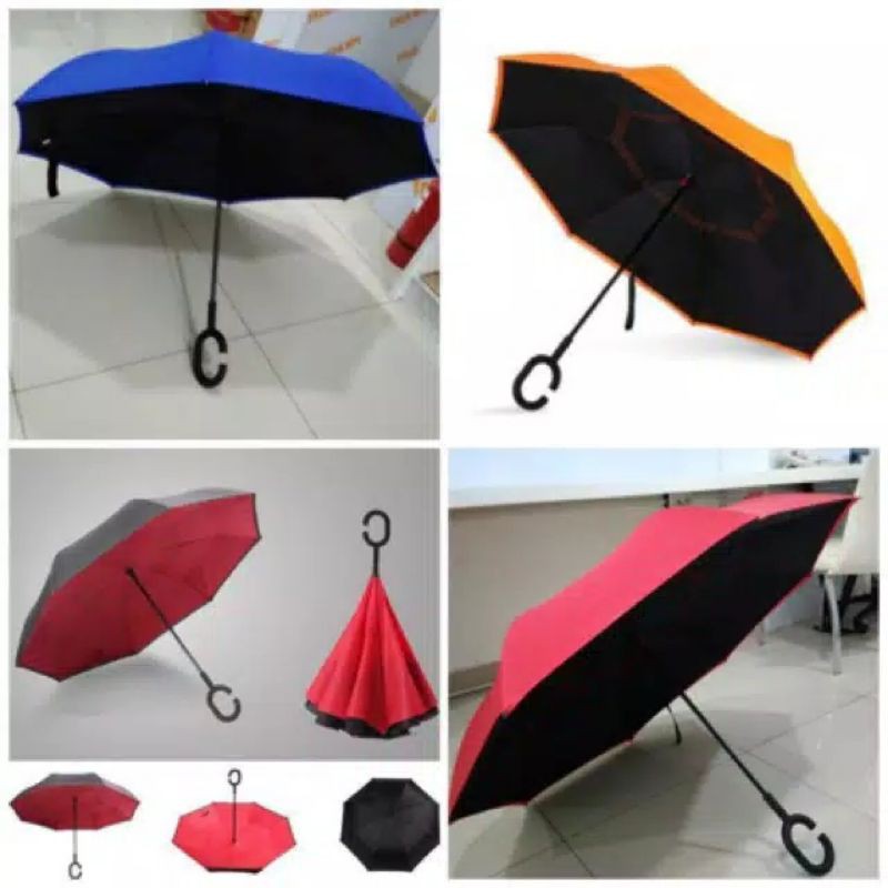 Payung Terbalik Besar 2 Lapis Kain Gagang C Reverse Umbrella Kazbrell