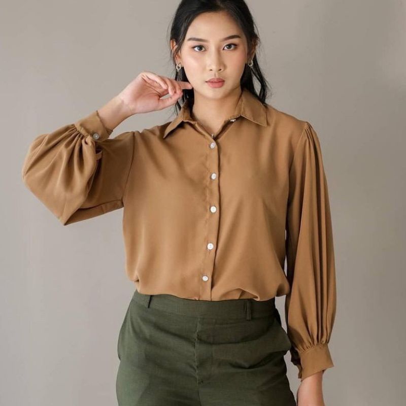KEMEJA POLOS BASIC BALON AUDREY WOLFIS / KEMEJA PUTIH / BLOUSE PUTIH / KEMEJA LENGAN BALON