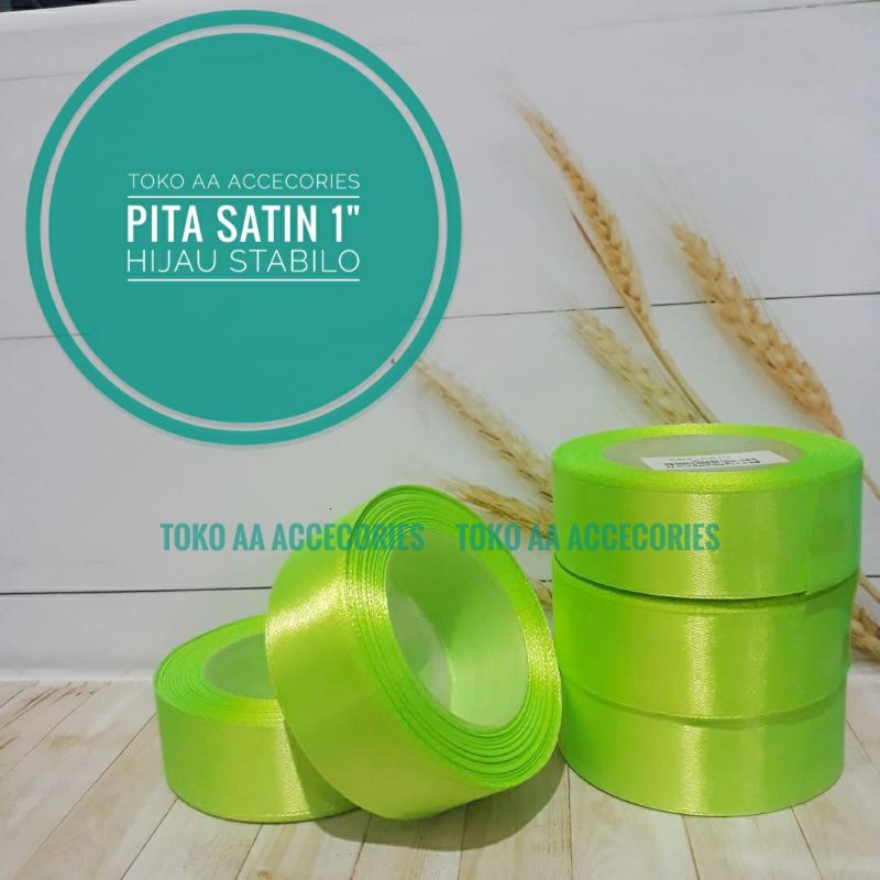 Pita satin HIJAU STABILO termurah 2,5cm per rol