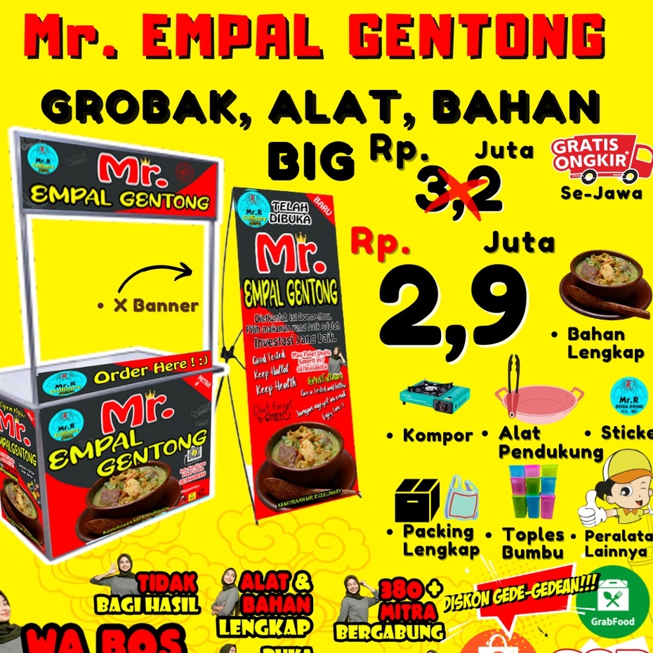 

Mr.EMPAL GENTONG NEW|| MR.R CULLINARY (FRANCHAISE,PAKET USAHA,KEMITRAAN) GROBAK/BOOTH PORTABLE,ALAT LENGKAP, DAN BAHAN BAKU UTAMA