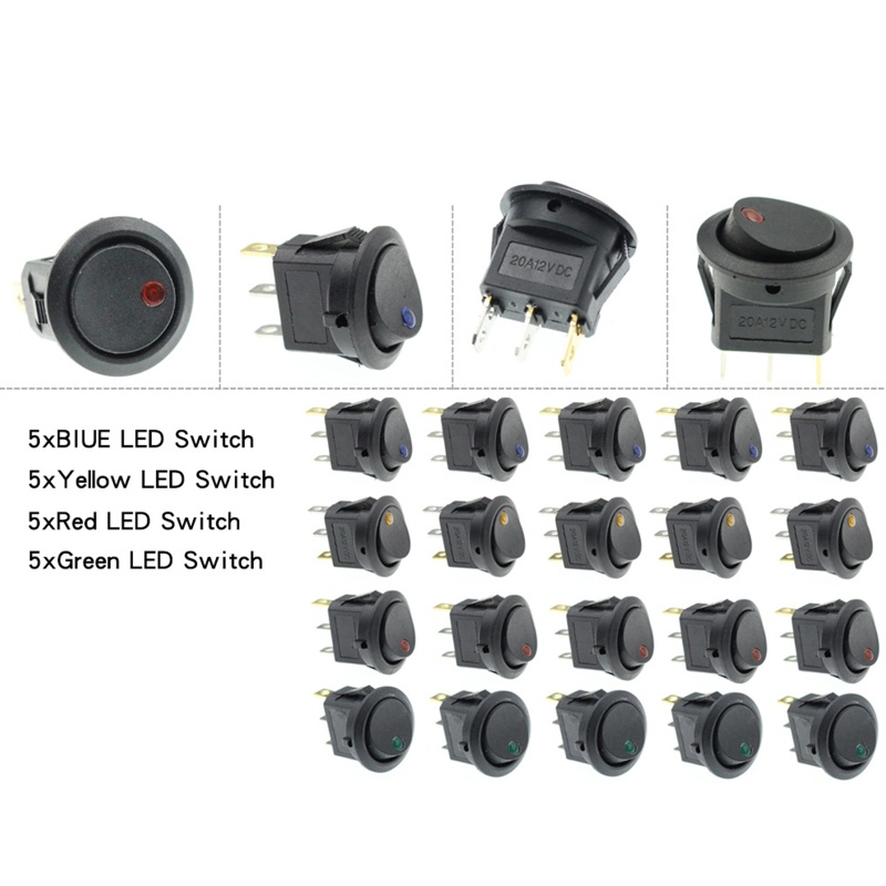 Btsg 20pcs Rocker Switch Bulat 12V Untuk Mata Kucing Dengan Indikator KCD1 Power Switch 3p