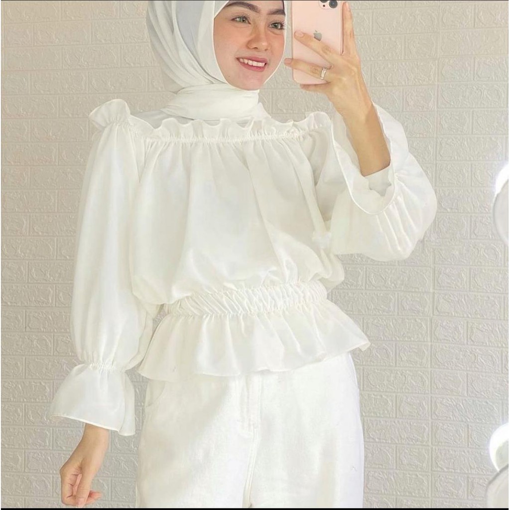 Caroline Blouse Pusatgrosir_solo/ Atasan Rampel Lengan Balon Termurah Mosscrepe Polos