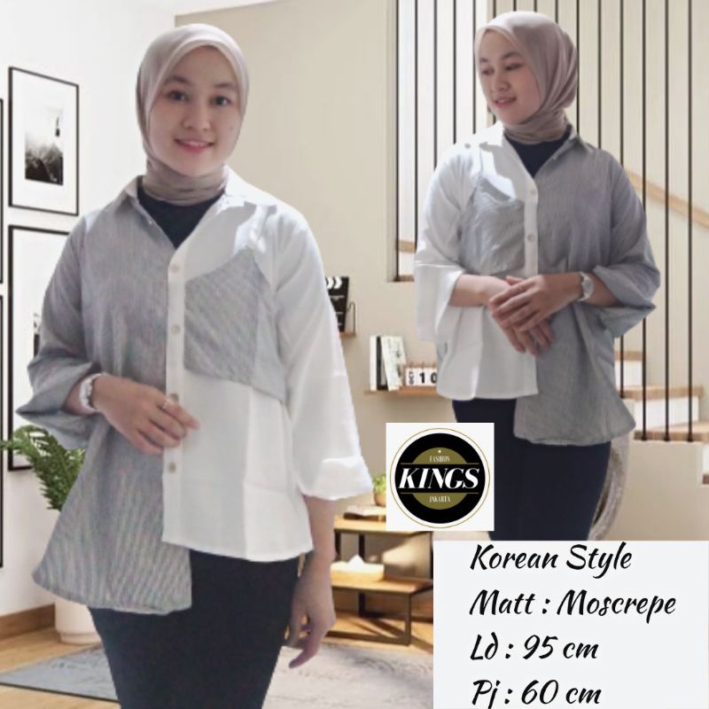 Kemeja Wanita Atasan Blouse Casual Polos Kombinasi Warna Lengan Panjang Model Pinguin Bahan Moscrepe