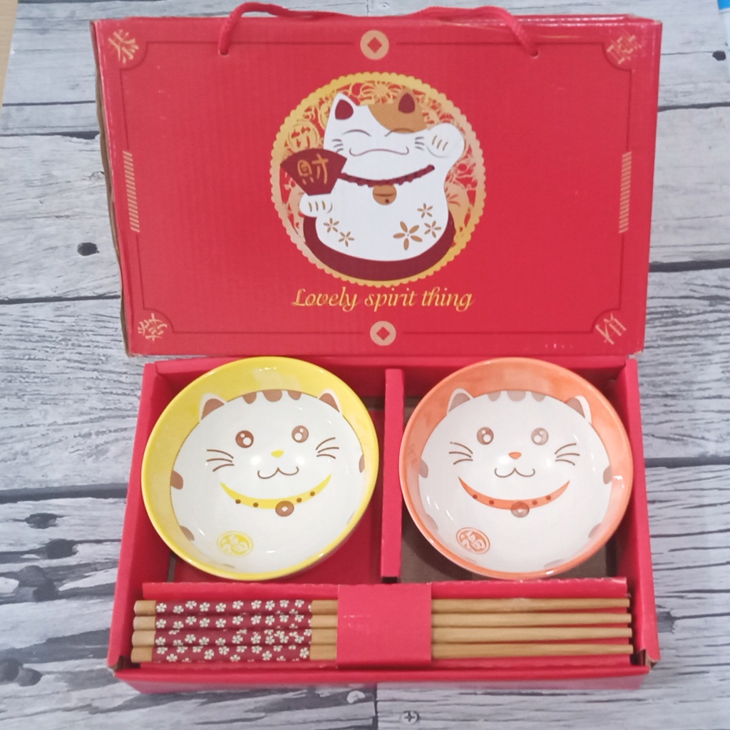 Happy Cat Bowl Set Mangkok Ceramic 2in1 / Hampers Mangkok Keramik / cny hampers