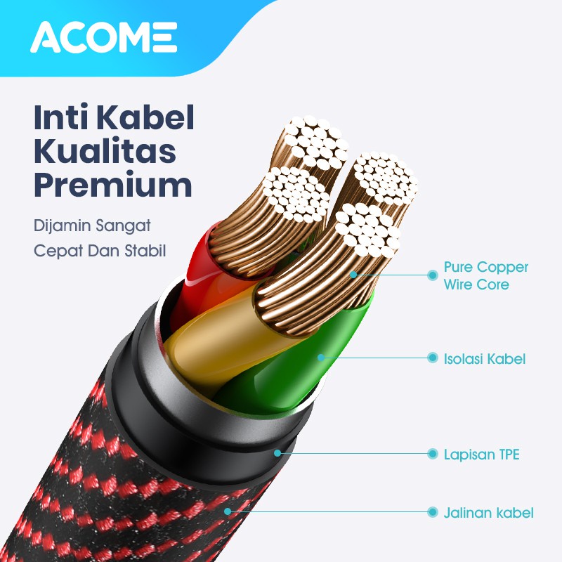 ACOME KABEL DATA TYPE-C 100CM 3A INTELLIGENT POWER-OFF GARANSI RESMI 1 TAHUN AZC-010