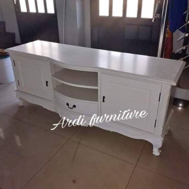 Bufet meja tv minimalis duco putih kabinet bahan kayu jati ukir jepara