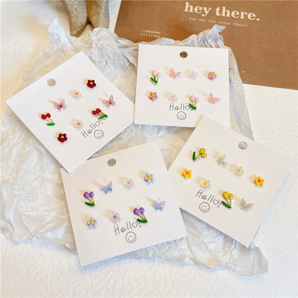 4 Pasang / Set Anting Stud Desain Buah Bunga Butterfly Warna-Warni Gaya Korea Untuk Wanita