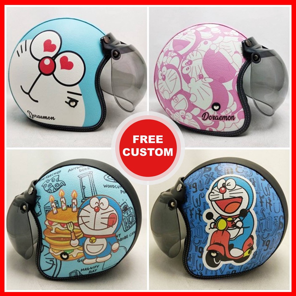 HELM BOGO RETRO KULIT WANITA DEWASA KACA DATAR CLASSIC MOTIF KARTUN DORAEMON LUCU - HELEM BOGO BOSJU