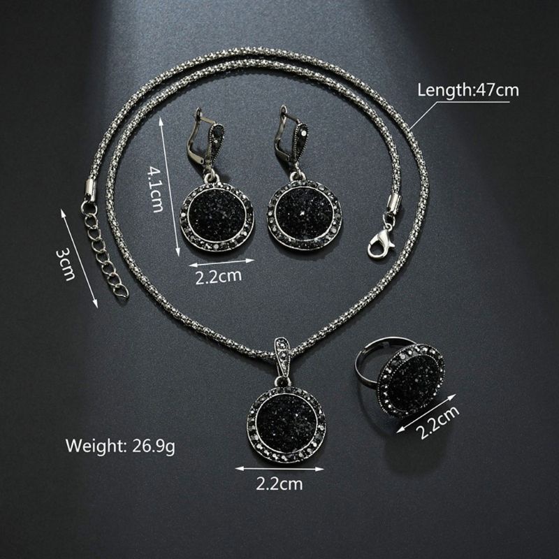 SIY  1 Set Black Round Rhinestone Necklace Earrings Ring Wedding Jewelry Sets Women