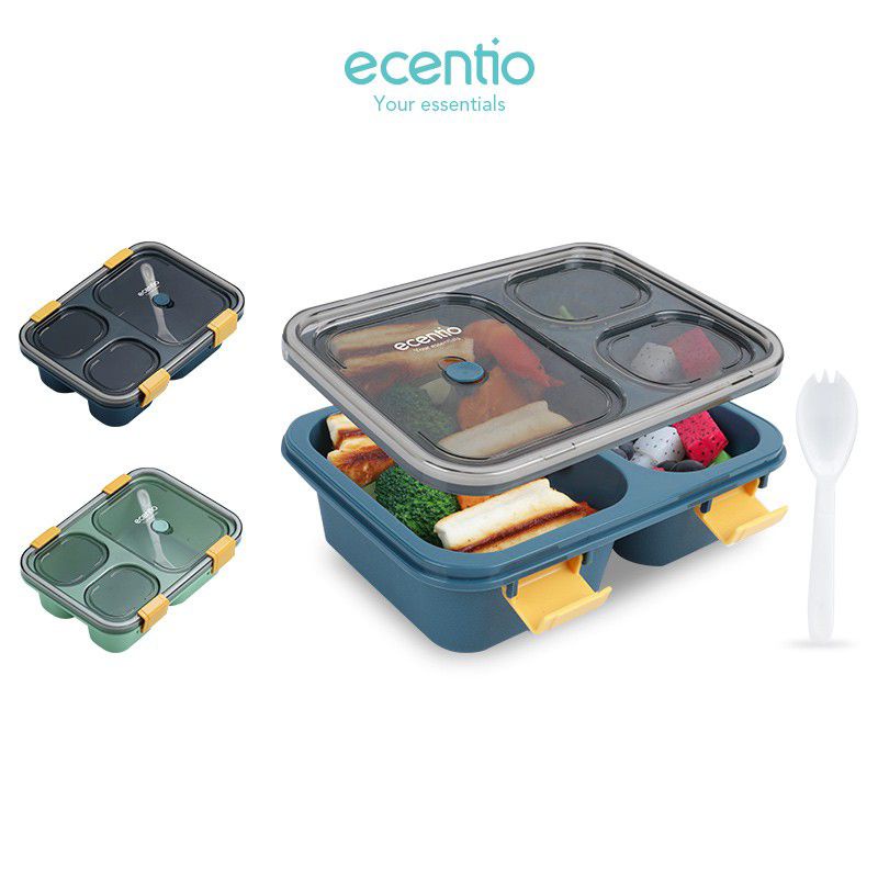 Ecentio Kotak Bento 3 Grid Lunch Box Kotak Makan Free Sendok