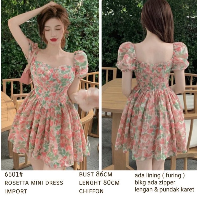 6601 Fashion Baju Mini dress dres lengan pendek leher kotak ngembang motif bunga bunga peach hijau  