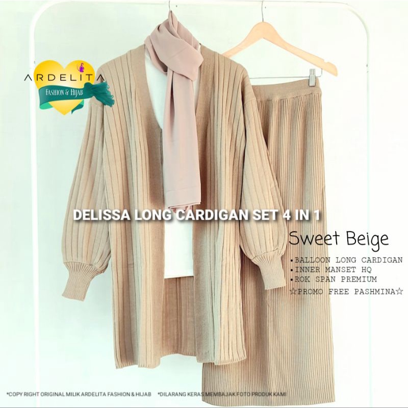 ☆GRATIS PASHMINA☆PAKET HEMAT LENGKAP PREMIUM DELISSA LONG CARDIGAN ROK SPAN SET OOTD HIJAB WANITA