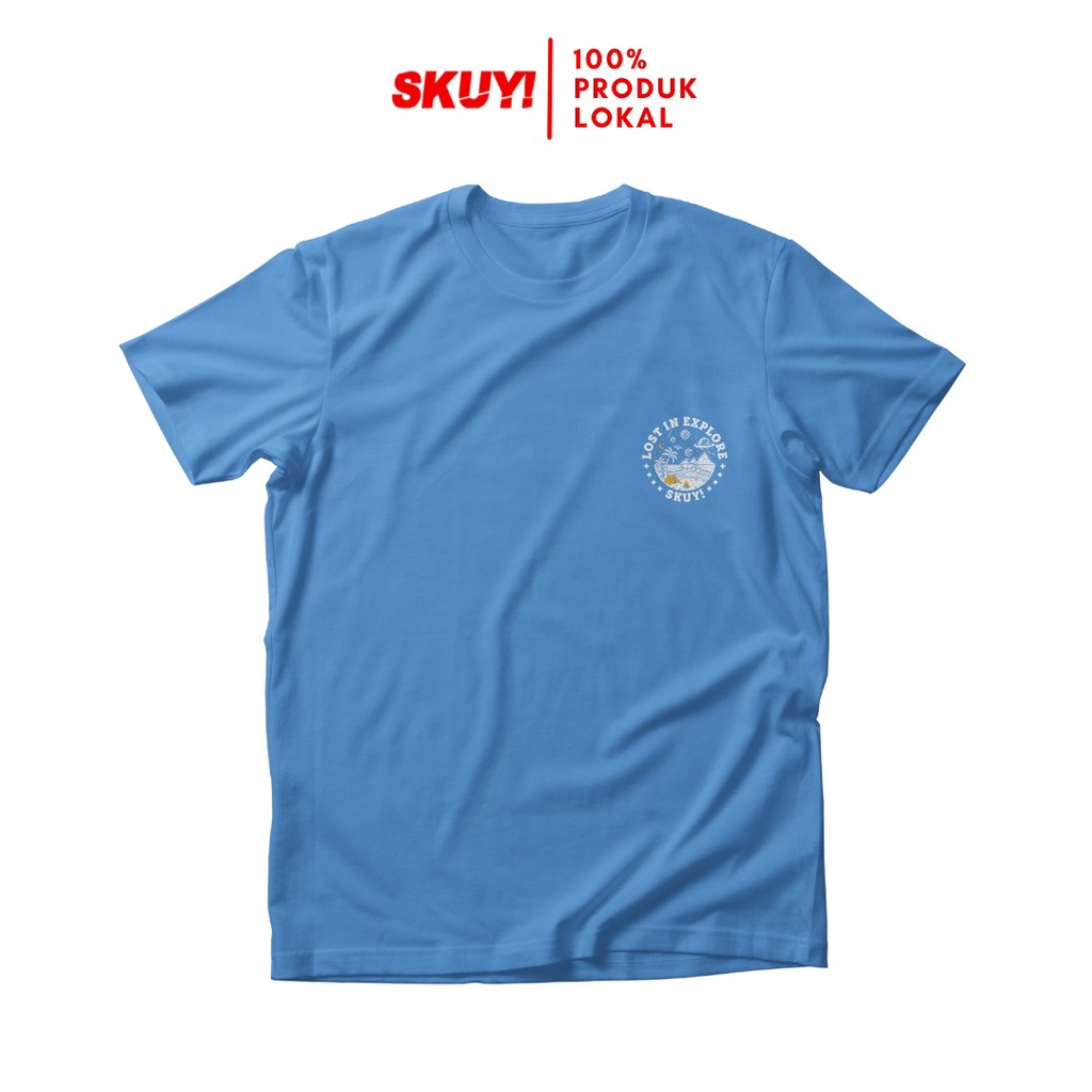 Skuy Kaos Dewasa Lost In Explore Unisex Lengan Pendek Biru Sedang Katun Combed 24s SKY02