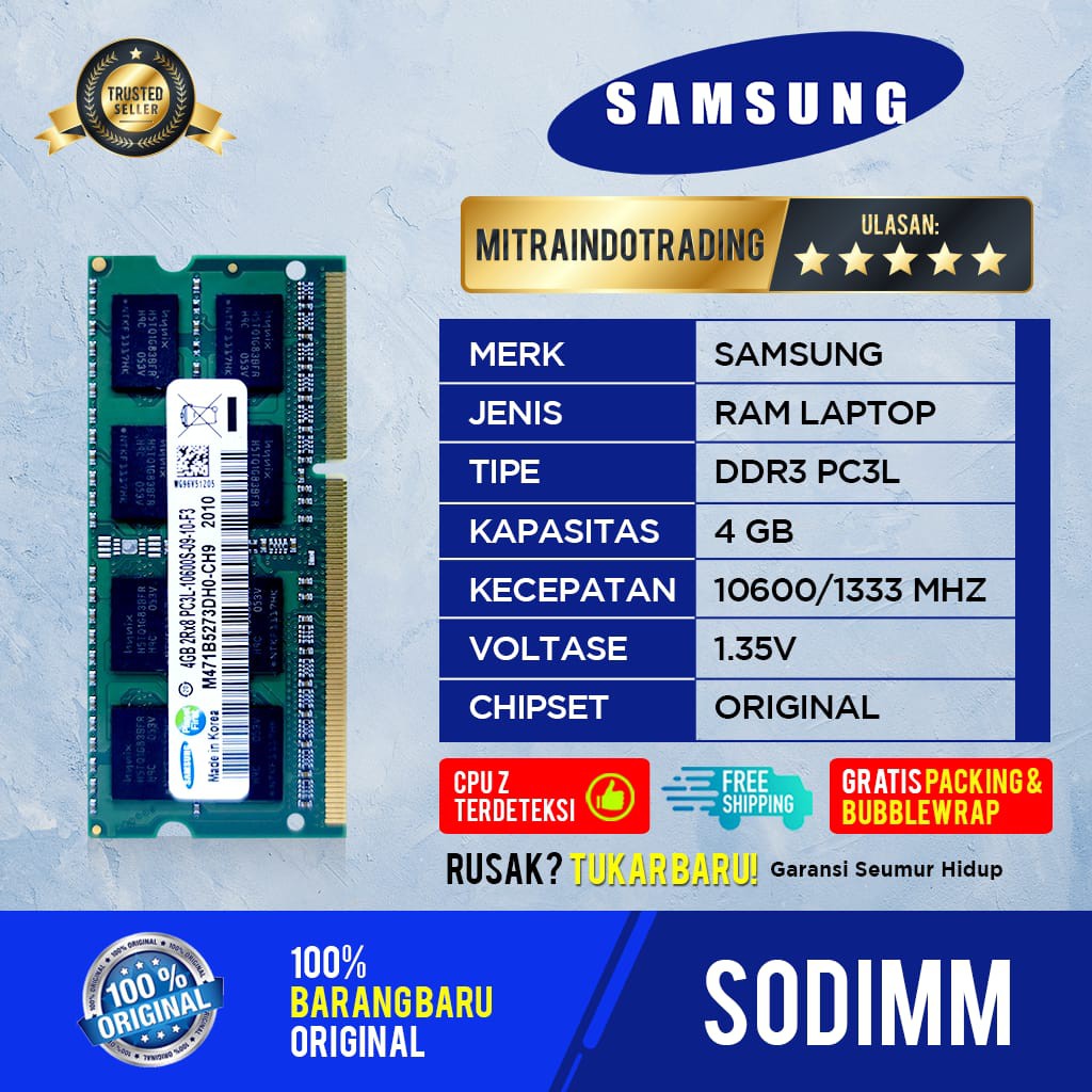 RAM SAMSUNG SODIMM DDR3L 4GB PC 10600 / 1333 BERGARANSI