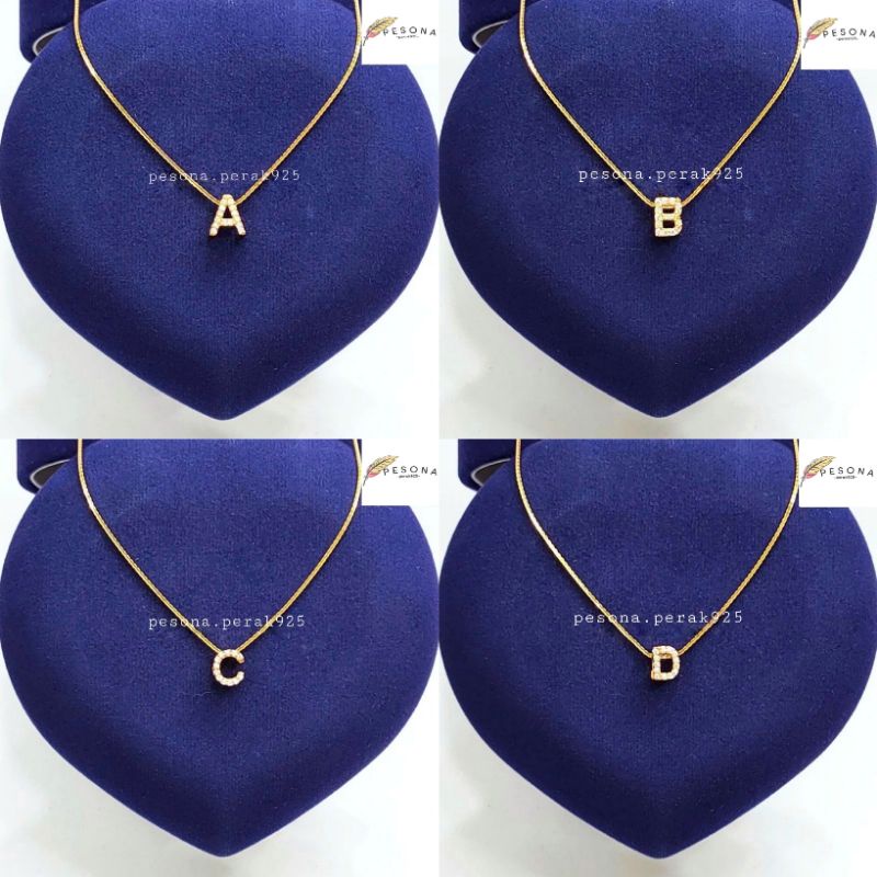 KALUNG PERAK ASLI SILVER WANITA 925 LAPIS EMAS MODEL LIONTIN ALFABET, INISIAL, HURUF, - PERHIASAN PE