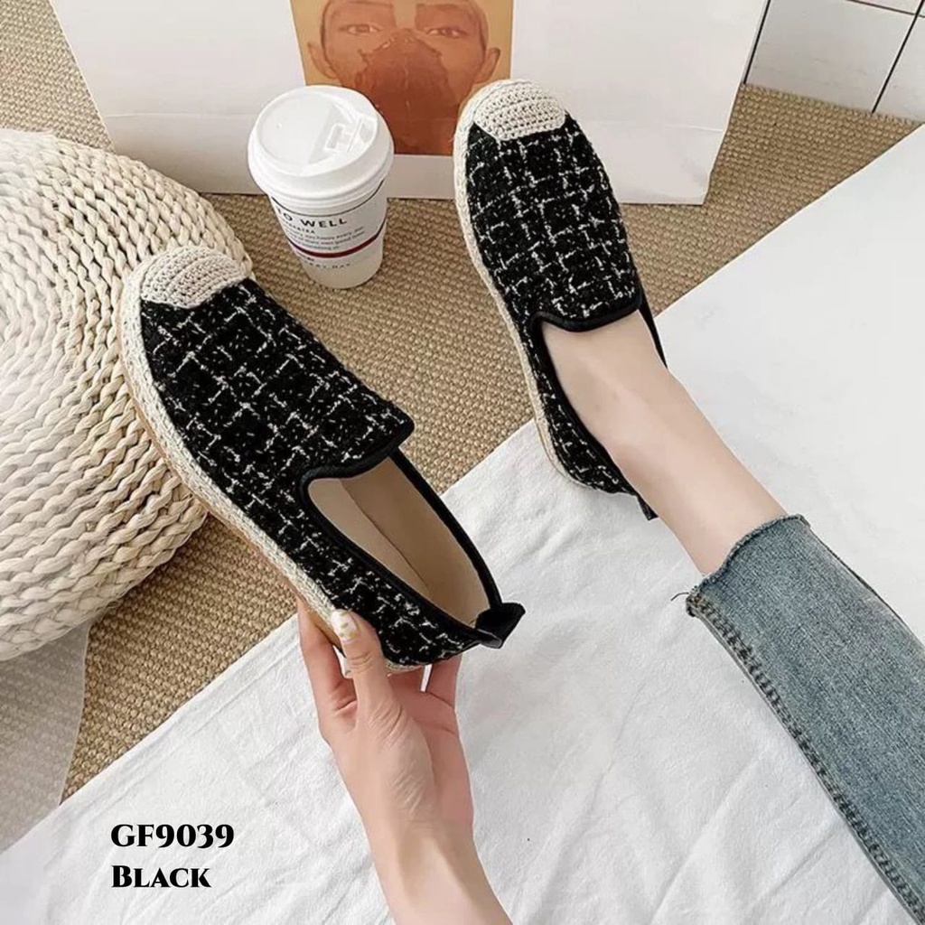 PRF Sepatu Flat shoes Linen Cloth Checkered Plaid Round GF9039