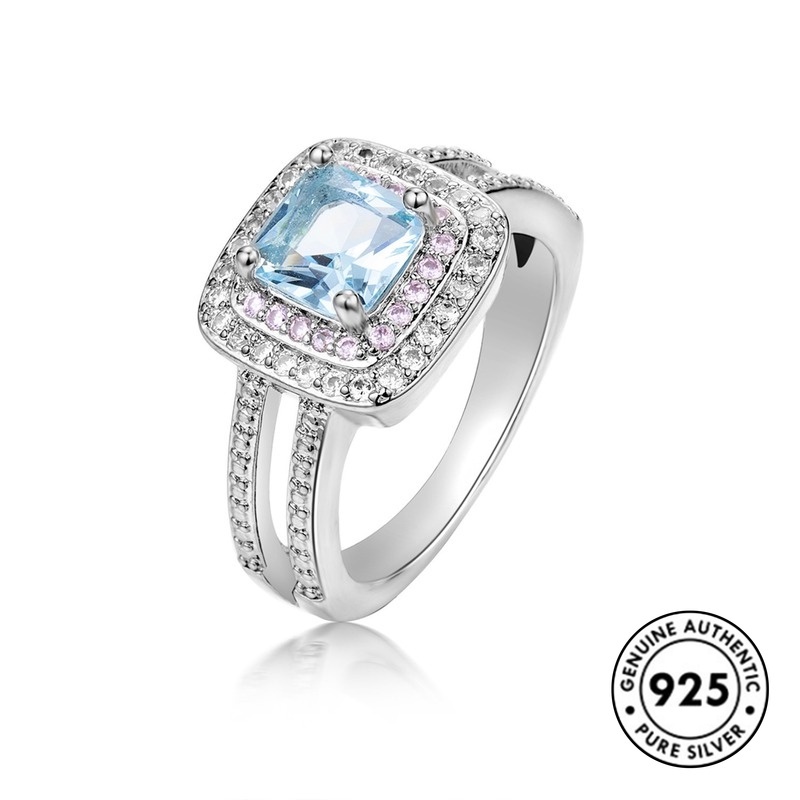 Cincin Sterling Silver 925 Dengan Batu Permata Biru Laut Elegan Untuk Wanita