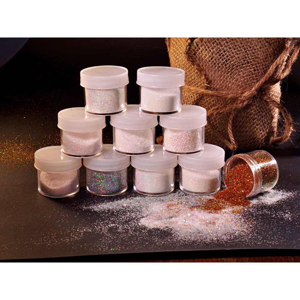 Glitter Finishing Henna Halus I Glitter Putih Rainbow kemasan pot 10gr Size 0,2mm