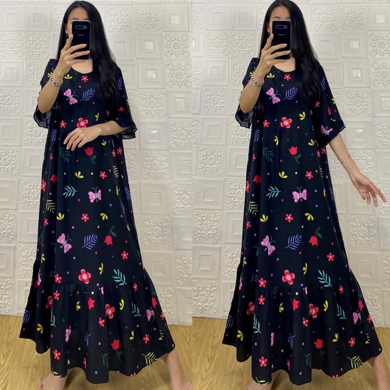 daster MONA tangan 3/4 PB 130cm /daster panjang rempel tangan 3/4  JUMBO premium sleting /busui/rempel tangan 3/4/ tangan pendek/ tali grosir ecer SEMATA KAKI RAYON-Mona butterfly hitam