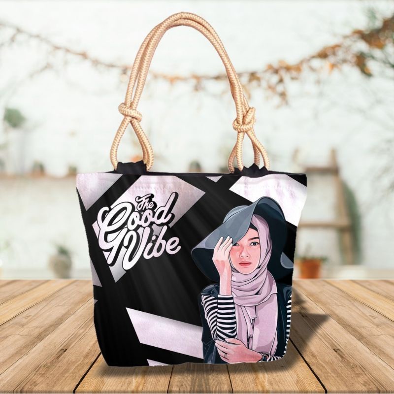 Tote bag Tali sumbu Tas wanita, hijab motif printing