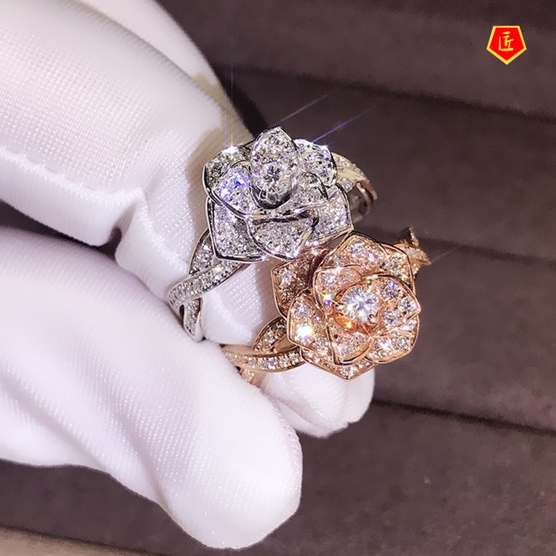 [Ready Stock]18K Rose Gold Zircon Ring Rose Flower Elegant Graceful