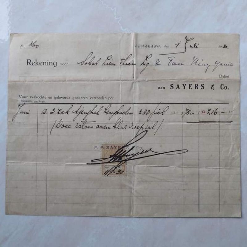 Koleksi Dokumen Kuno Nota Era Nederland Indie 1 Juli 1930