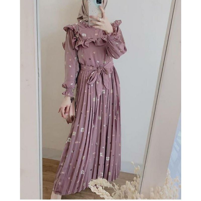 Plisket premium gamis dastin motif bunga wolpeace bahan adem nyaman cantik