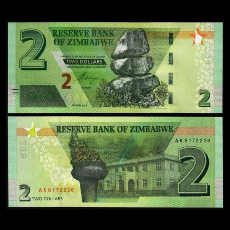 UANG ZIMBABWE 2 DOLLARS 2019 UNC NEW DESIGN ORIGINAL BANKNOTE