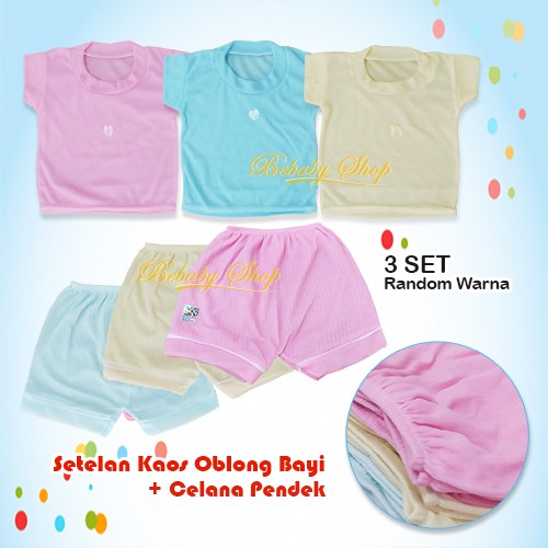 3 Set Setelan Kaos Oblong Bayi dan Celana Pendek Polos Bayi Murah Pink Kuning Biru