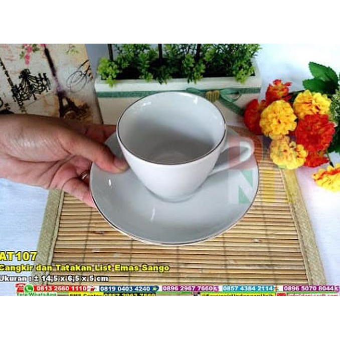 (6 Pcs) Cangkir Set Sango (Lis Emas) At107 - Cup Saucer Set - Putih