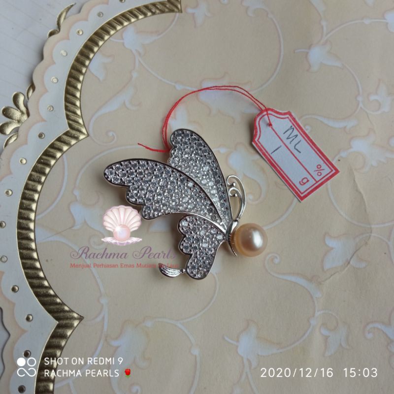 Bros kupu kupu rhodium silver putih mutiara air laut asli original Lombok terbaru