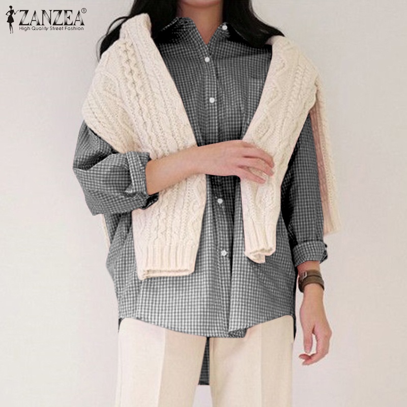 ZANZEA Women Full Sleeved Plaid Printed Casual Loose Buttons Down Baggy Blouse