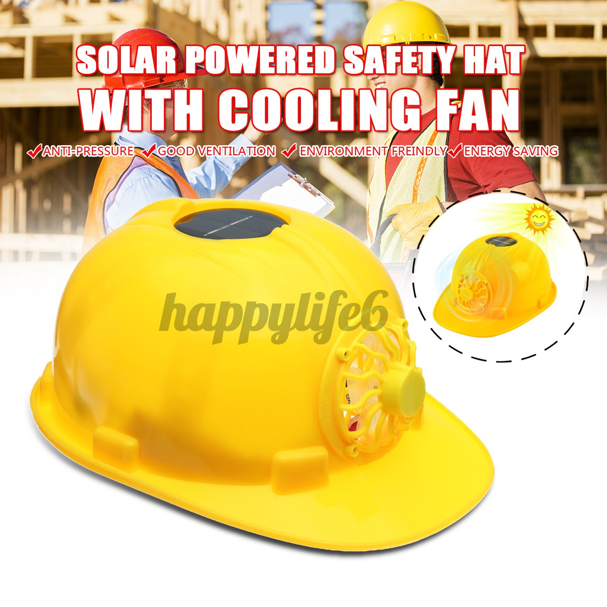 Yellow Solar Power Safety Helmet Work Hard Hat Solar Panel Cooling Fan Uk Happylife6 Shopee Indonesia