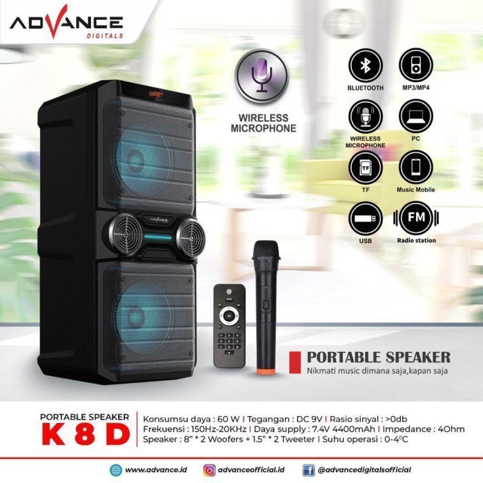 Advance K8D Speaker Meeting Portable Bluetooth Dual 8&quot; Double Woofer Free Mic