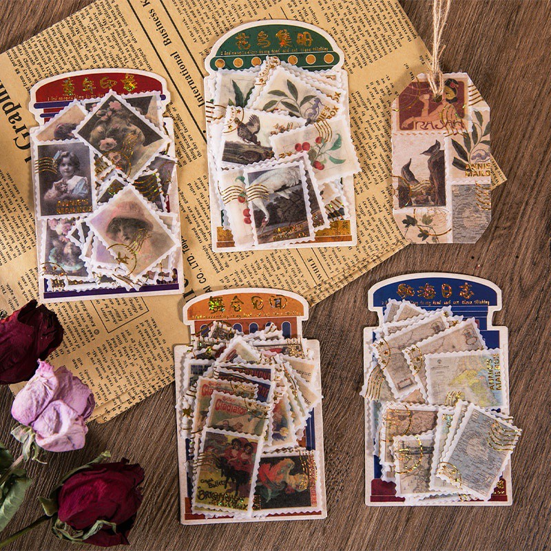 

40pcs Stiker Washi Aesthetic Seri Perangko Gaya Retro Vintage Dekorasi Journal DIY