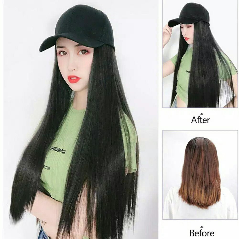 Topi baseball wig panjang 60cm rambut estension palsu