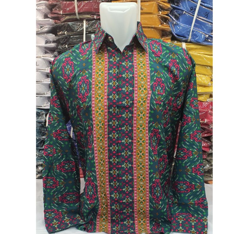 KEMEJA BATIK HIJAU BOTOL SERAGAM NATAL HIJAU TUA POHON GOLD FANTA FUCHSIA MOTIF KALIMANTAN DAYAK LIC