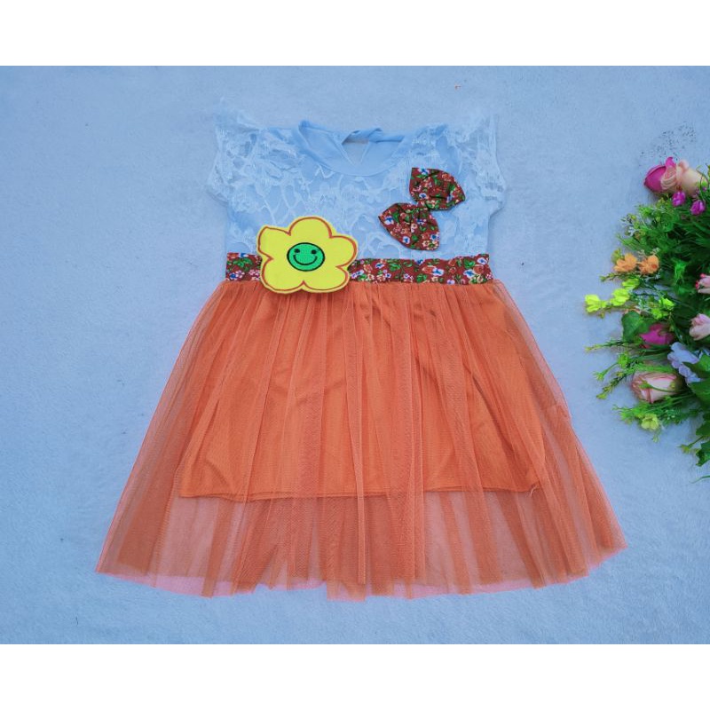 Dress anak 1 2 Tahun tutu tile  perempuan bunga matahari smile pita tutu murah pesta unyu brokat anak (Dress Sunflowers)