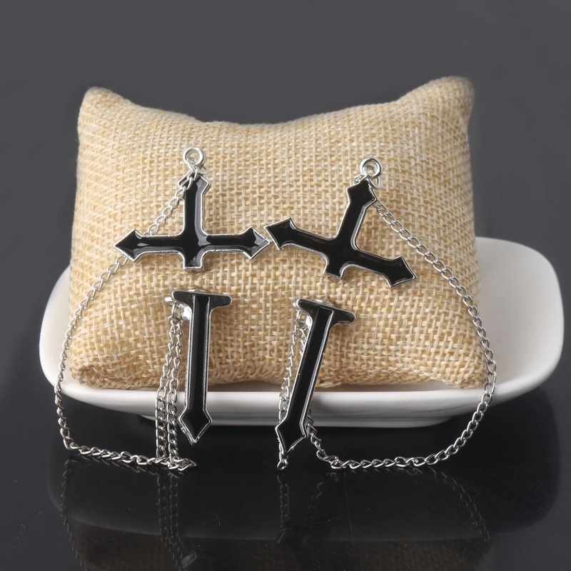 1 Pasang Anting Stud Rantai Panjang Liontin Salib Warna Hitam Gaya Vintage Hip-Hop Punk