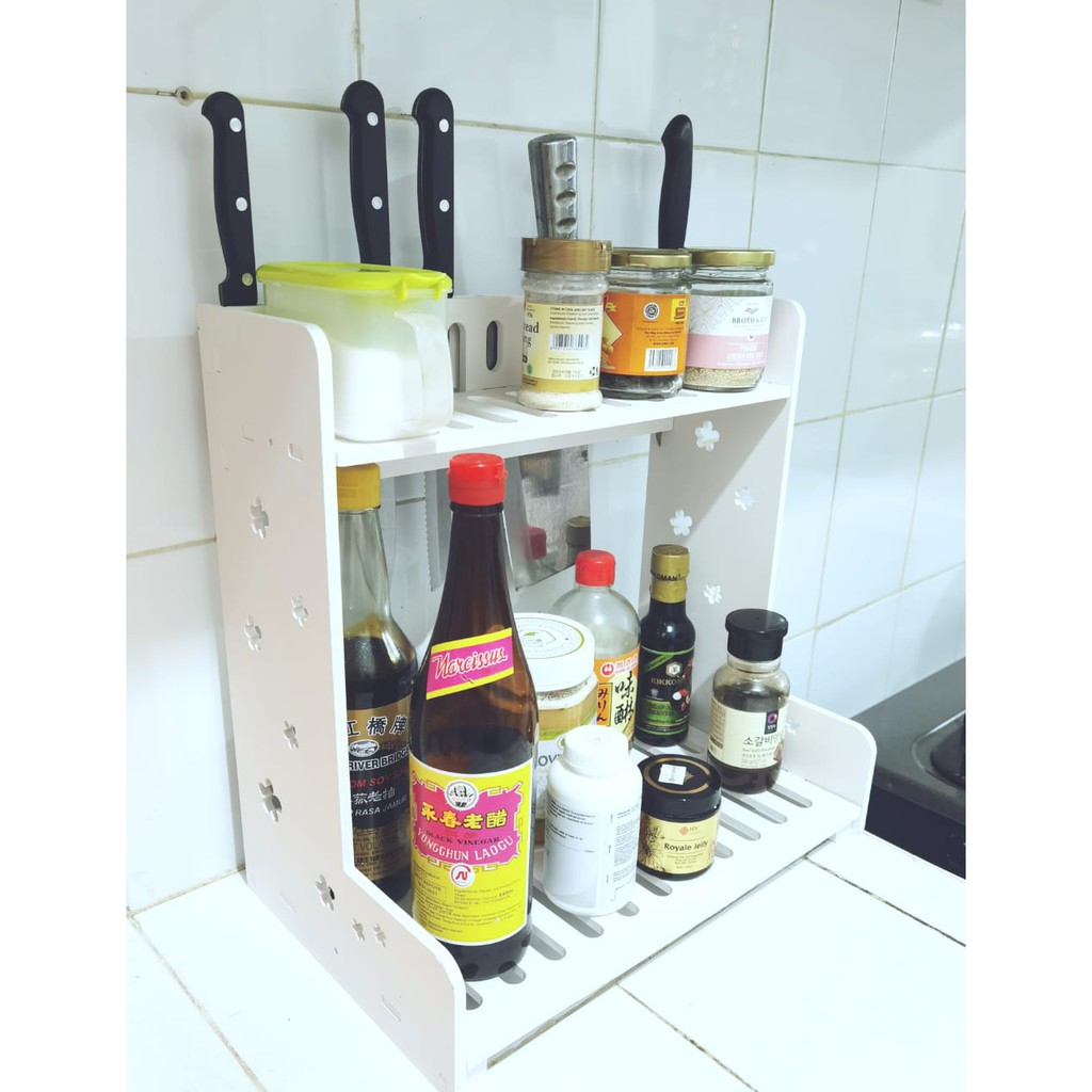 Mega_1688 Rak Bumbu Dapur 2 Susun Botol Toples Kayu WPC Serbaguna MG870