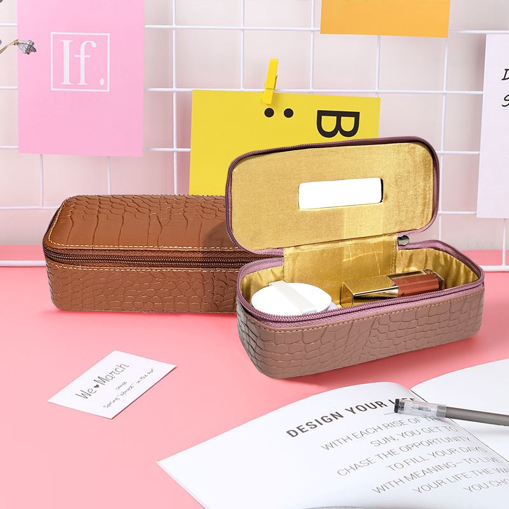 Pouch makeup wanita kulit sintetis motif croco pouch makeup mini lucu ala korea terbaru murah