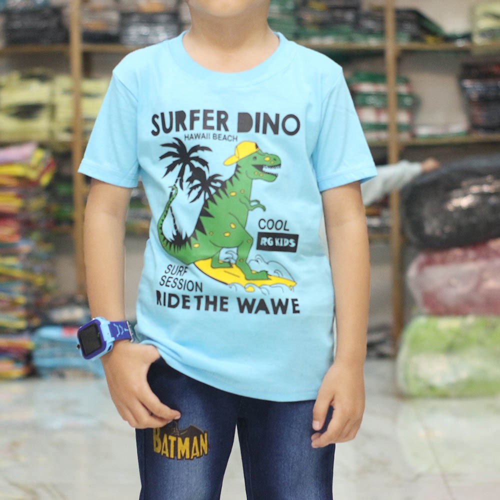 BAJU KAOS  ANAK  KARAKTER DINOSAURUS  SURFER BIRUMUDA 