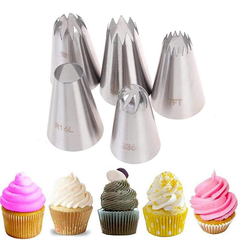 5 Pcs Alat Nozzle Icing Piping Bahan Stainless Steel Ukuran Besar Untuk Baking