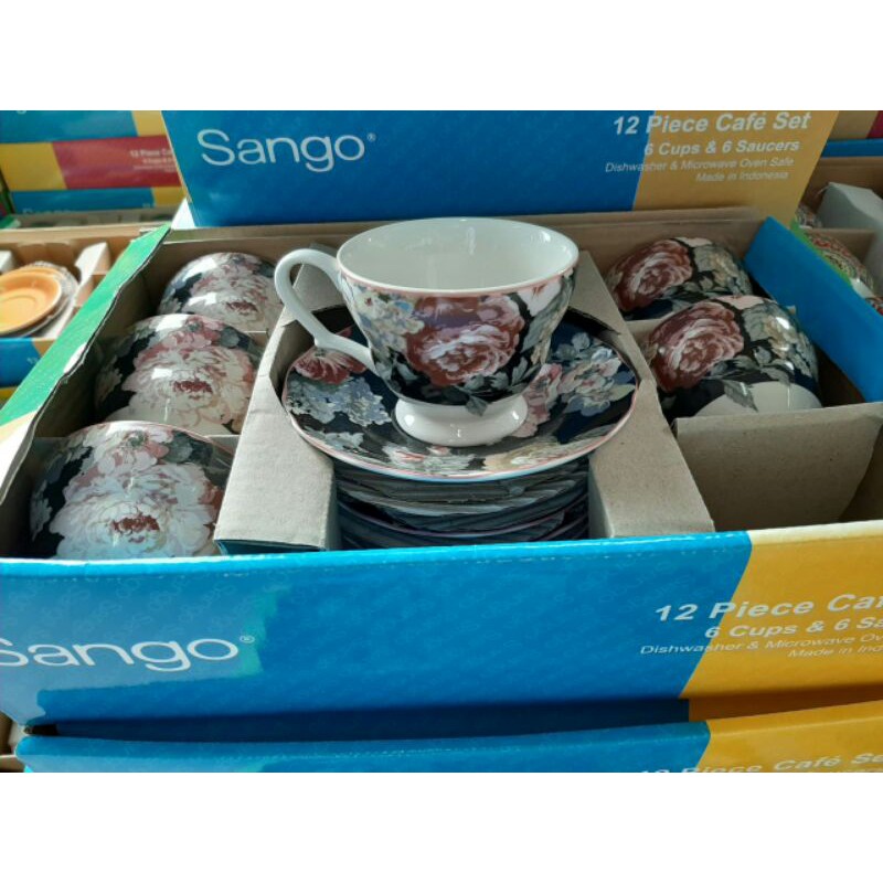 TEA SET CANGKIR KERAMIK HIAS SANGO CANTIK MOTIF BUNGA SHABBY HITAM PINK PASTEL