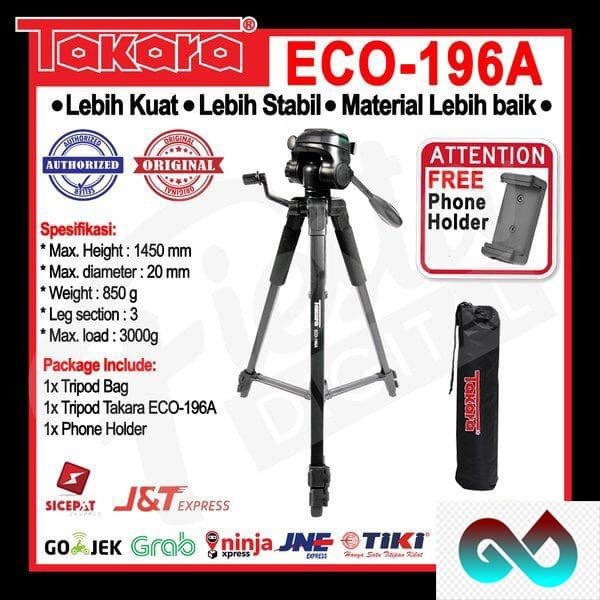 Tripod TAKARA ECO-196A Tripod kamera HP DSLR + Holder HP(L8A3) Tripot Kamera Tripod Bluetooth BISA C