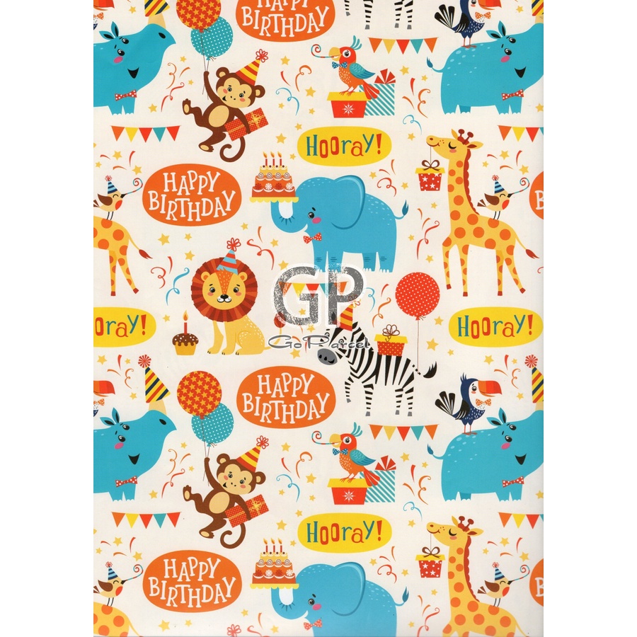 ( 5 Lembar ) KERTAS KADO SR GLOSY - GIFT WRAPPING PAPER HAPPY BIRTHDAY ULANG TAHUN ANAK ANAK CUPCAKE SAFARI