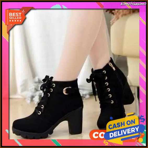 Heels Wanita Kerja Premium Perempuan Dewasa 3 Cm Murah Import Batam Wisuda Boot Heels Bt02 Hitam - H