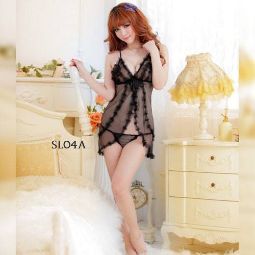 • BEBE • SL04A Transparant Dress Lingerie V-Neck Tali Spaghetti Bahan Lace Baju Wanita Import